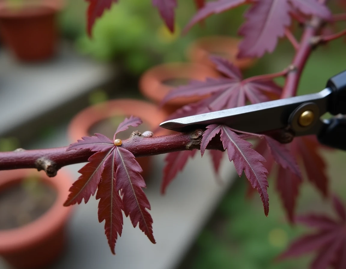 Gros plan sur la taille précise d'une branche d'érable du Japon avec sécateur