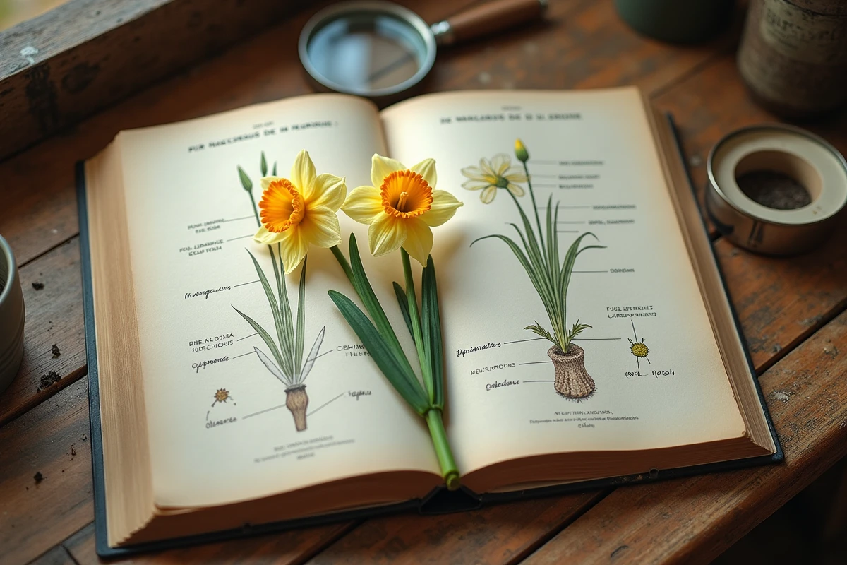 Guide botanique ouvert sur un bureau en chêne avec des illustrations annotées de narcisse et jonquille à côté de vraies fleurs fraîchement cueillies
