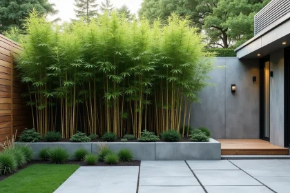 Haie de bambous non traçants Fargesia le long d'un mur en béton dans un jardin moderne avec graminées ornementales et hostas