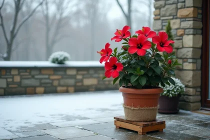 Hibiscus en pot avec fleurs rouges protégé sur une terrasse en hiver avec un emballage en toile de jute
