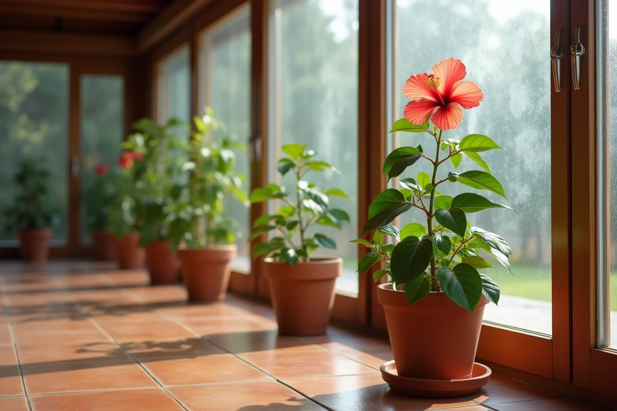 Hibiscus en fleurs dans une véranda vitrée en hiver avec sol en carrelage et plantes méditerranéennes