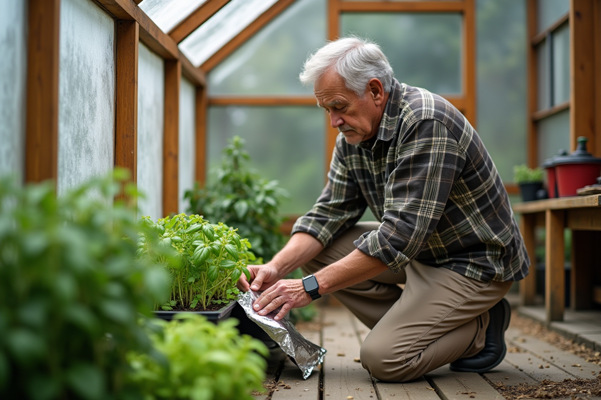 Homme âgé ajustant un panneau dans une serre de jardinage