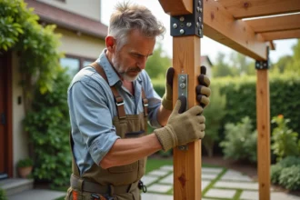 Homme en extérieur fixant une pergola en bois dans un jardin