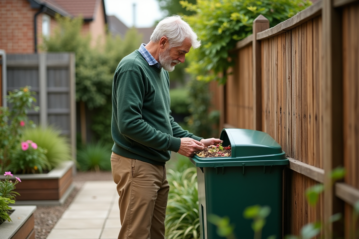 Homme placé des déchets dans un composteur dans le jardin