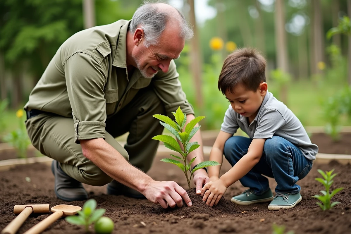 Homme expliquant la plantation de goyavier à un enfant dans le jardin