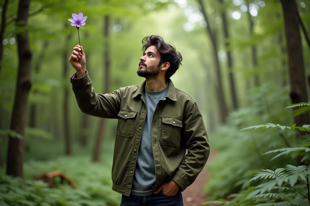 Homme examinant une fleur mauve sauvage en forêt pour en évaluer la comestibilité