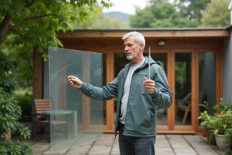 Homme d'âge moyen examine deux panneaux polycarbonate