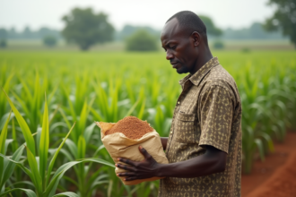 Homme africain examine un sac d'engrais dans un champ de millet