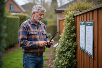 Homme d'âge moyen lisant une fiche dans le jardin