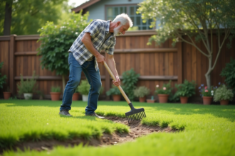 Homme d'âge moyen en vêtements de jardinage ratisse la pelouse