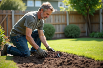 Homme d'âge moyen en tenue casual travaillant la terre dans son jardin