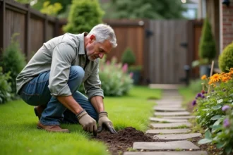 Homme en vêtements de jardinage examine un chenil dans le jardin