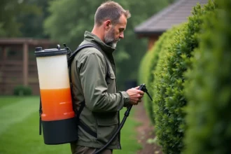 Homme en tenue outdoor ajustant un pulvérisateur dans le jardin