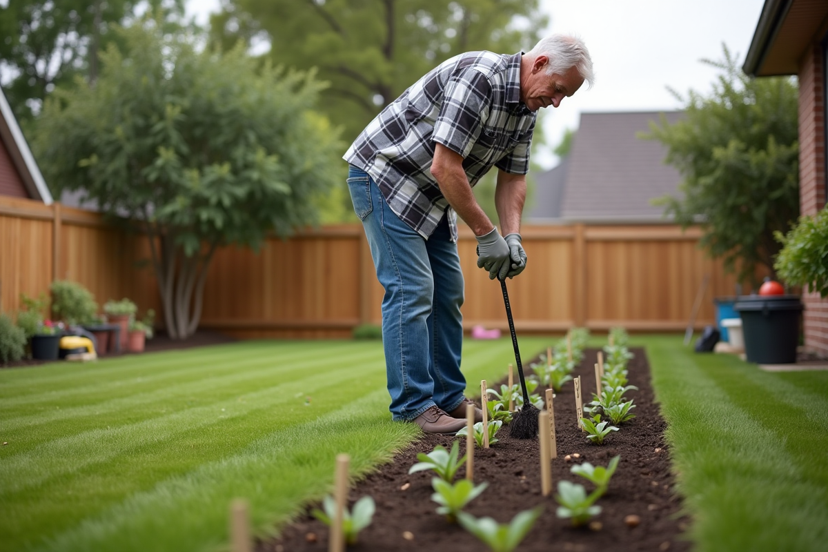 Homme âgé en chemise à carreaux marque des bulbes dans le jardin