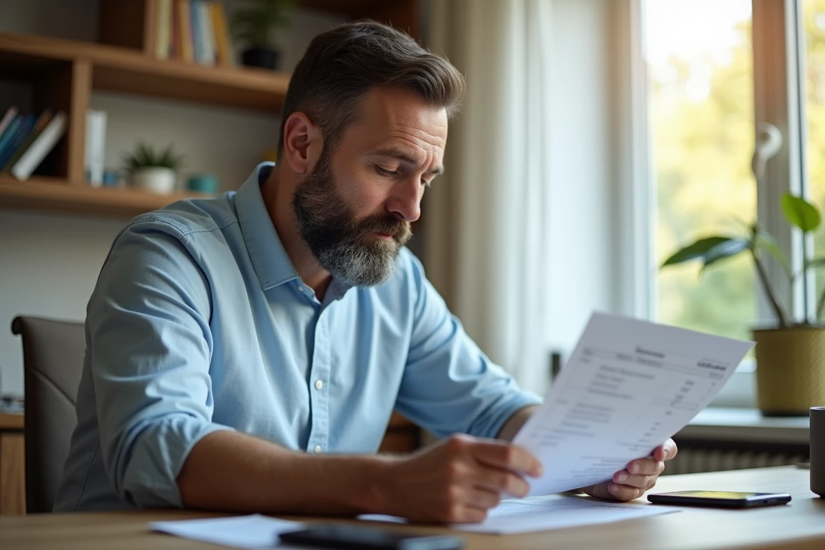 Homme vérifiant un relevé bancaire dans un salon lumineux