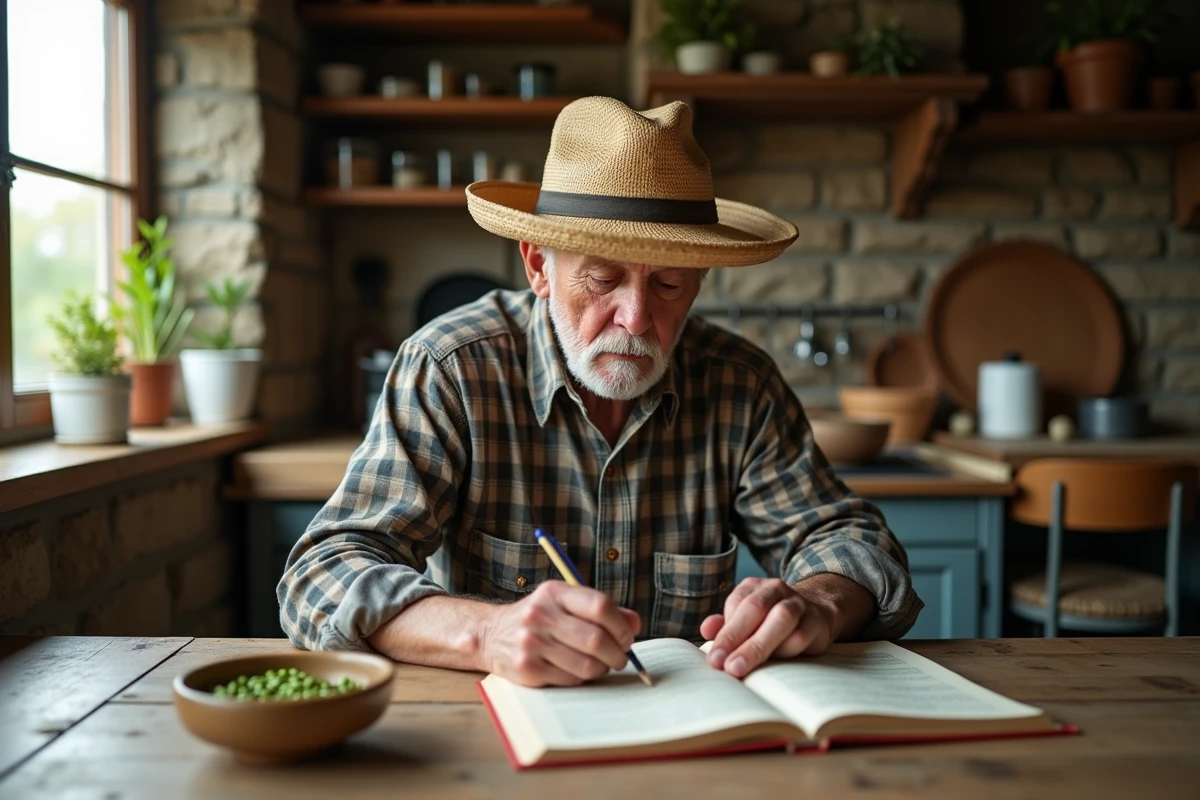Homme âgé annotant un guide lunaire pour le jardin