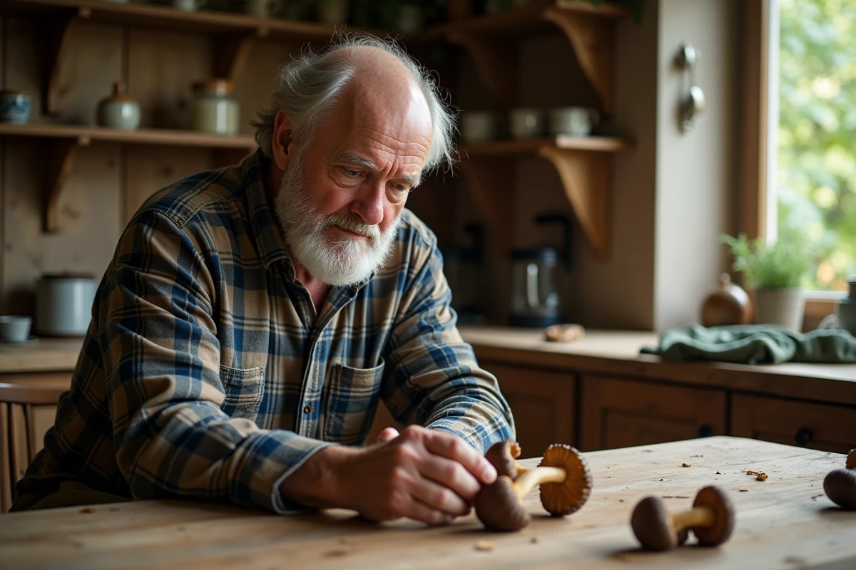 Homme âgé examinant des champignons dans la cuisine