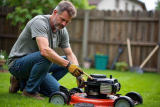 Homme d'âge moyen nettoyant la tondeuse dans le jardin