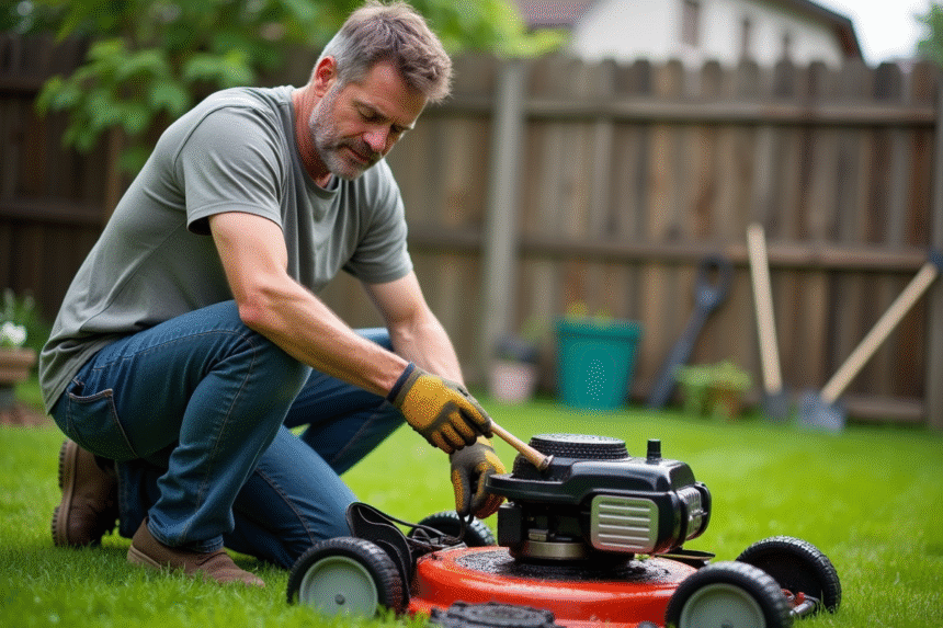 Homme d'âge moyen nettoyant la tondeuse dans le jardin