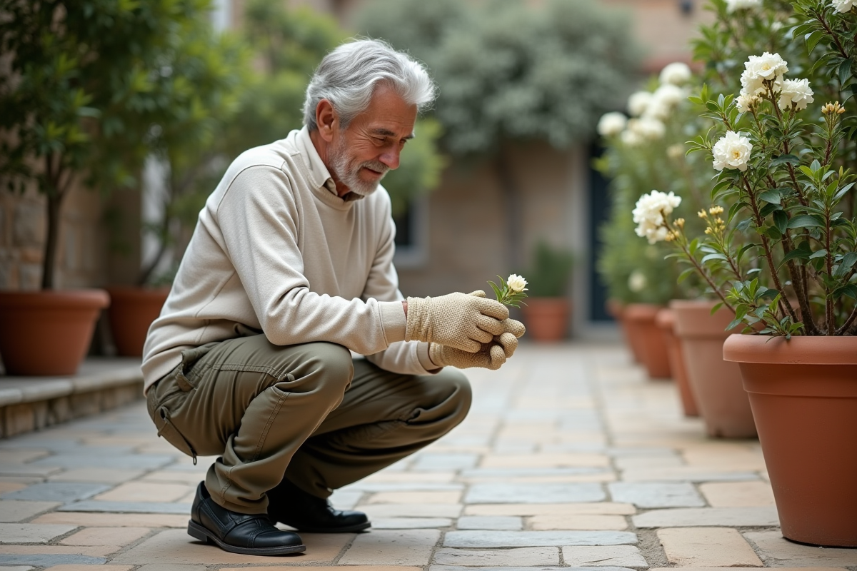 Homme âgé inspectant des oleanders dans cour méditerranéenne