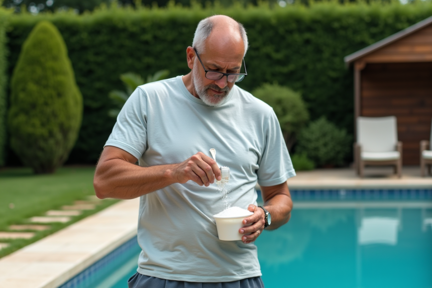 Homme d'âge moyen versant bicarbonate dans un contenant près de la piscine
