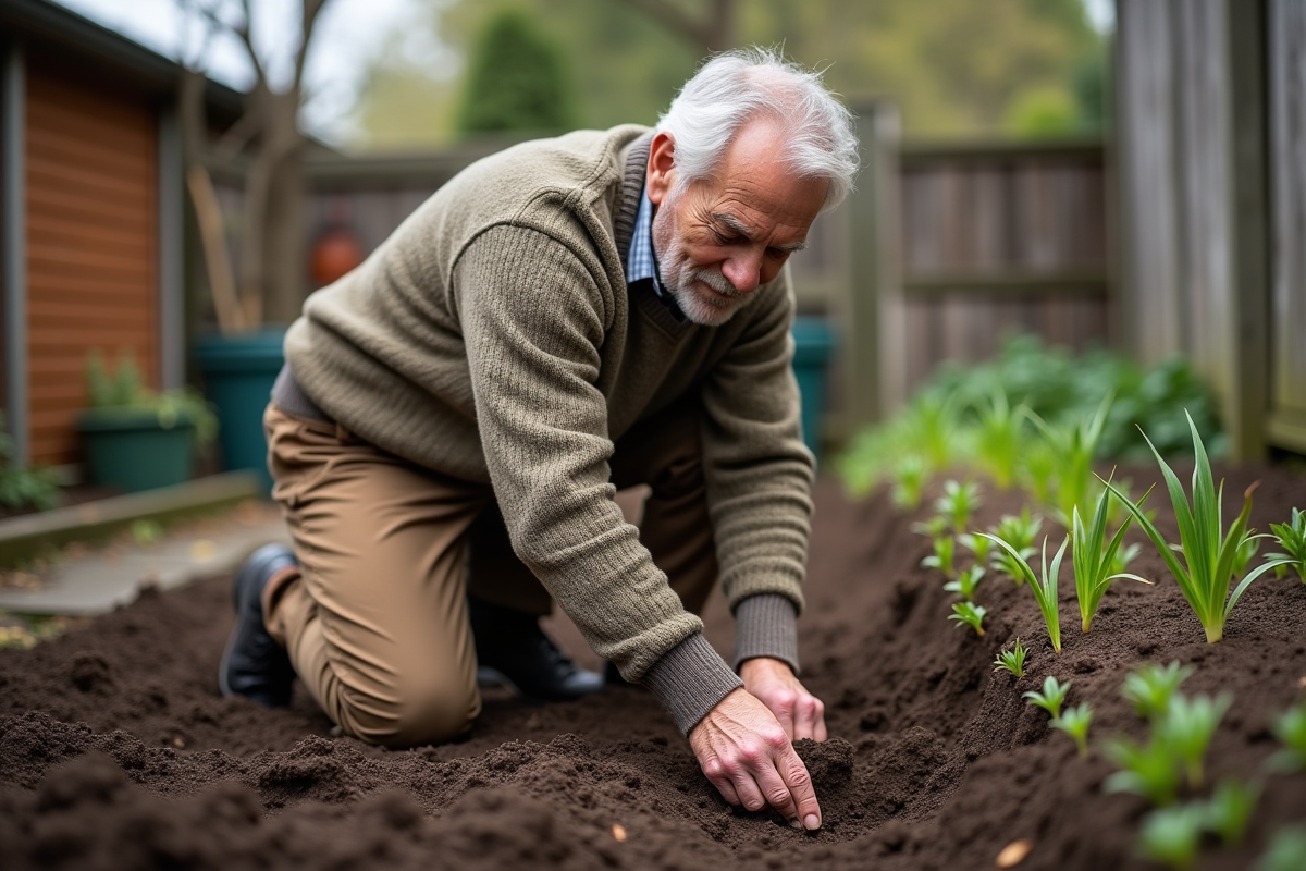 Homme âgé plantant des graines dans le sol du jardin
