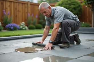 Homme appliquant de la résine epoxy sur un patio extérieur