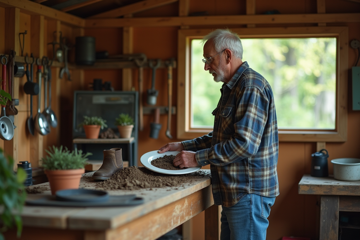 Homme vérifiant la texture du sol dans un atelier lumineux