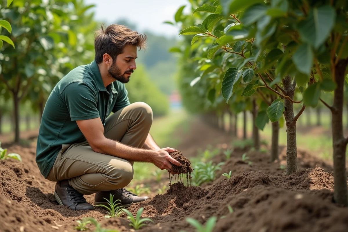 Jeune homme examinant le sol près d’un arbre de goyavier