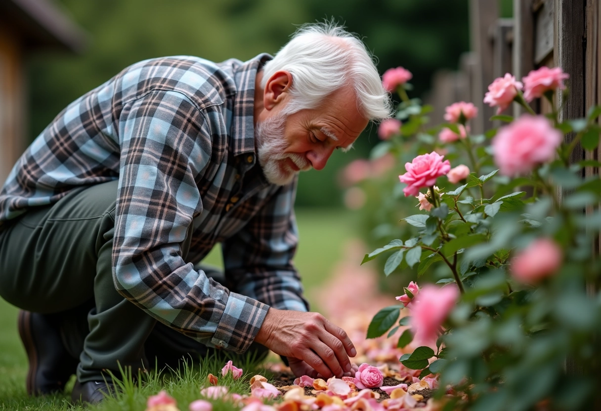 Homme âgé retirant délicatement des pétales de roses fanées
