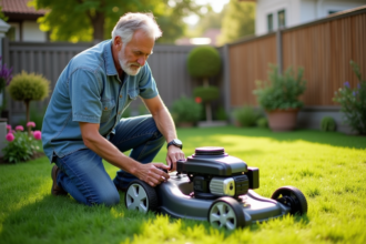 Homme d'âge moyen ajuste sa tondeuse dans le jardin