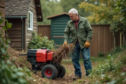 Homme en jeans vert et gants nourrissant un broyeur de branches