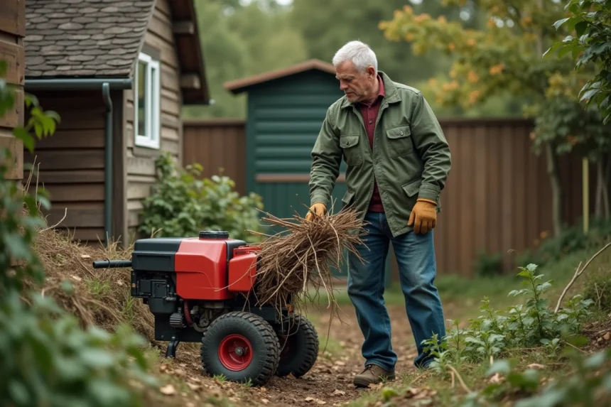 Homme en jeans vert et gants nourrissant un broyeur de branches