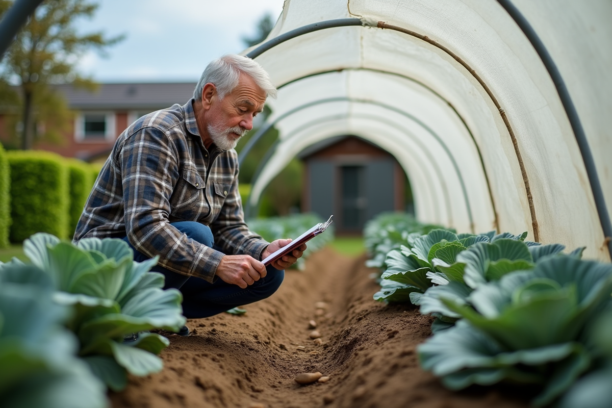 Homme âgé inspectant des laitues sous tunnel horticole