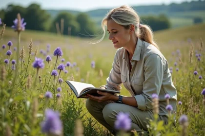 Femme identifiant des fleurs mauves sauvages dans une prairie avec un guide botanique