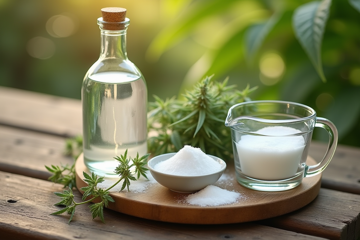 Ingrédients de cuisine pour weed er vinaigre et sel sur table en plein air