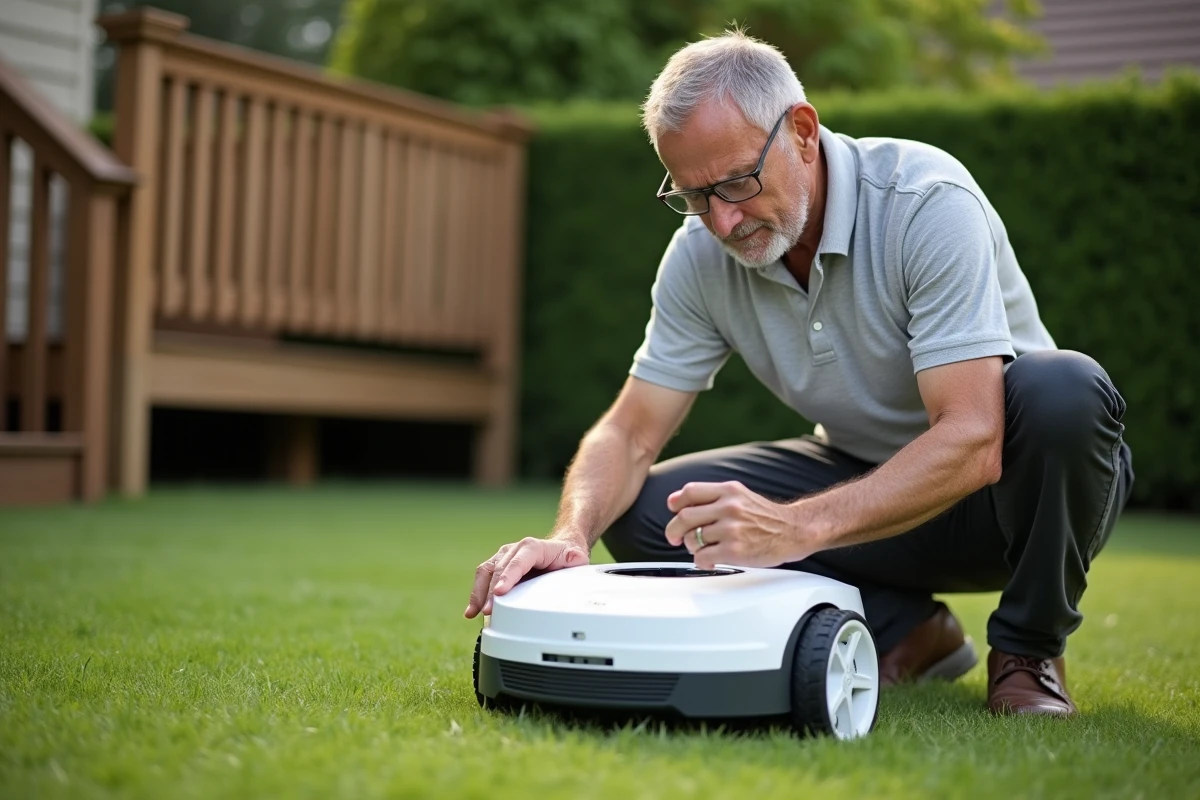 Homme inspectant les lames et capteurs d'un robot tondeuse Kress retourné dans son jardin
