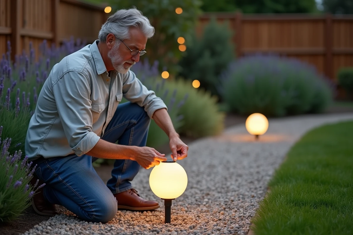 Homme installant une boule d'éclairage extérieur sur un chemin de jardin avec une boule solaire déjà en place en arrière-plan