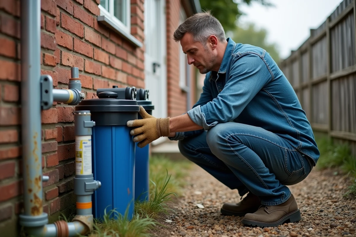 Homme installant un système de filtration multi-étapes pour purifier l'eau de pluie récupérée sur une maison individuelle