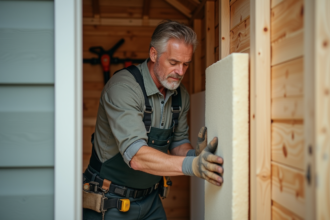 Homme en travaux isolant un abri de jardin PVC