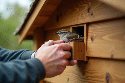 Installation d une niche à oiseaux discrète dans une remise en bois