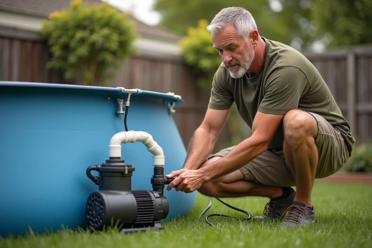 Homme installant une pompe de filtration Intex avec électrolyseur au sel sur une piscine hors-sol dans un jardin résidentiel