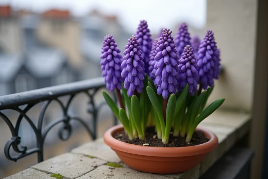Jacinthes Hyacinthus orientalis violettes en pot sur un balcon parisien avec fond urbain flou