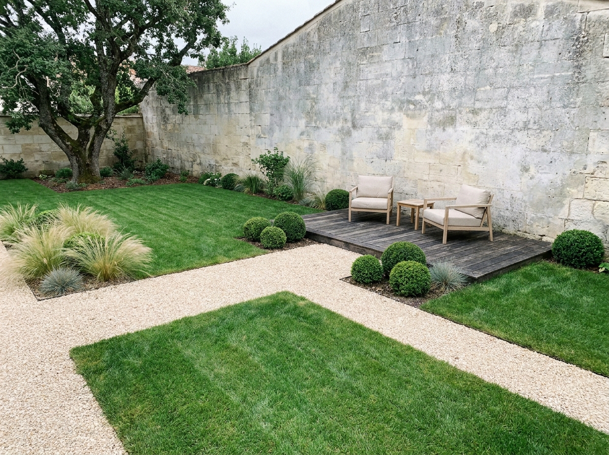 Jardin contemporain aménagé par un paysagiste à Bordeaux avec allées en gravier et pelouse géométrique