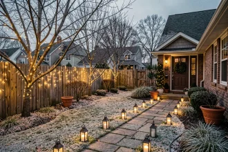 Jardin de maison individuelle décoré de guirlandes lumineuses blanches pour Noël avec lanternes sur allée enneigée