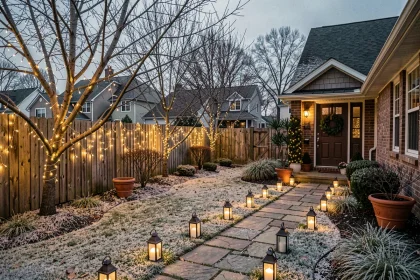 Jardin de maison individuelle décoré de guirlandes lumineuses blanches pour Noël avec lanternes sur allée enneigée