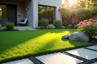 Jardin moderne avec pelouse verte et bordure en pierre grise