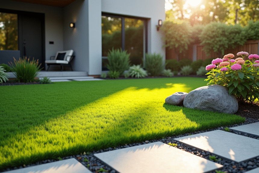 Jardin moderne avec pelouse verte et bordure en pierre grise