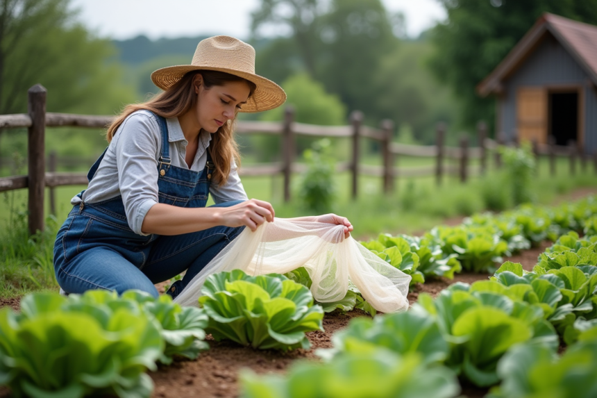 Femme en salopette et chapeau drapant un filet sur légumes