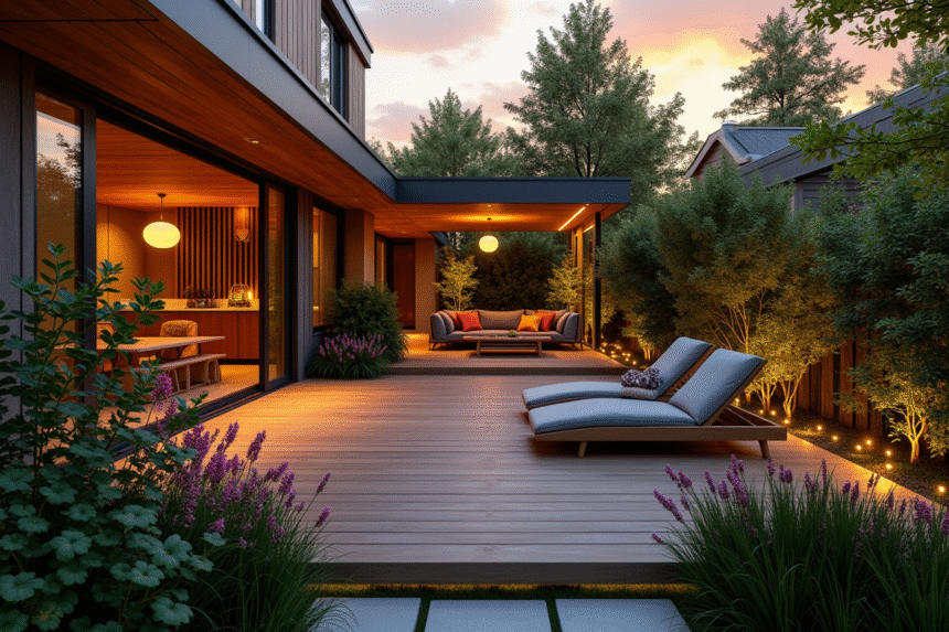 Jardin moderne au coucher de soleil avec terrasse et lumières
